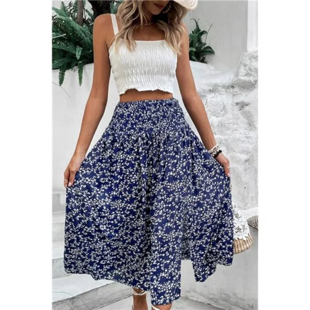 Perfee Ditsy Floral Slit High Waist Skirt